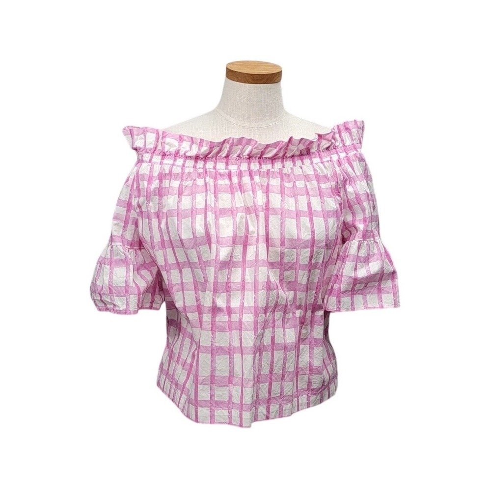 (CL) Brooke Wright Pink Gingham Off The Shoulder Ruffle Bell Sleeve Top Large
